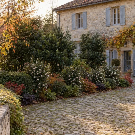 Camelia 'Early pearly' (Camelia sasanqua) — massif arbustif fleuri devant maison en pierre · Photo d'illustration