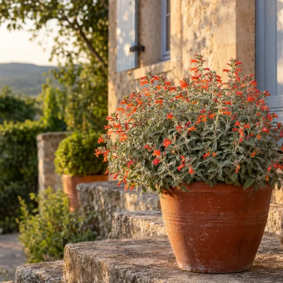 Jacobinia (Dicliptera suberecta) — plante fleurie en pot sur marches en pierre · Photo d'illustration