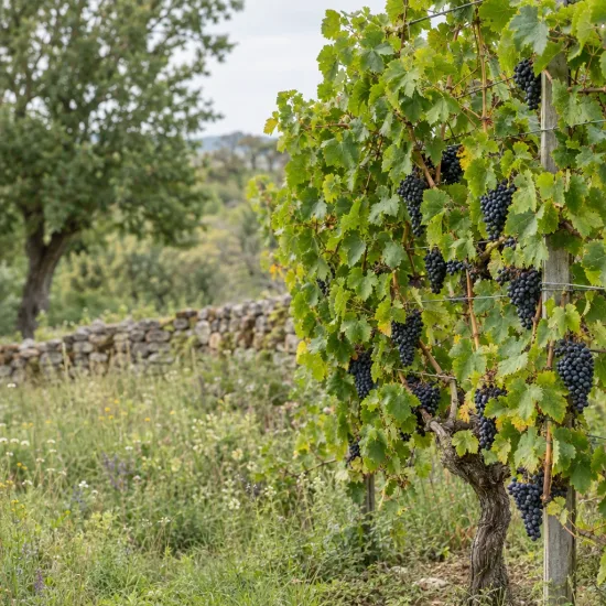 Cépage noir 'Cabernet sauvignon' (Vitis vinifera) — rangée de vigne avec grappes de raisins mûrs · Photo d'illustration