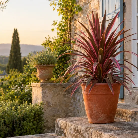 Cordyline australe 'Pacific sunrise' (Cordyline australis) — plante graphique en pot sur marches en pierre · Photo d'illustration