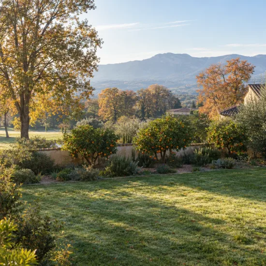 Oranger 'New hall new hall' (Citrus sinensis) — arbustes fruitiers alignés dans un jardin paysager · Photo d'illustration