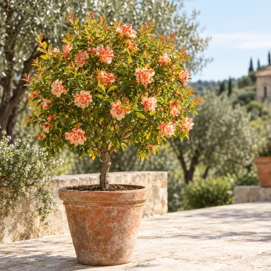 Grenadier à fleurs 'California sunset' (Punica granatum) — petit arbre fleuri en pot sur terrasse