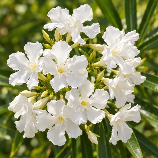 Laurier rose (blanc) — grappe de fleurs blanches entourée de feuillage · Photo d'illustration