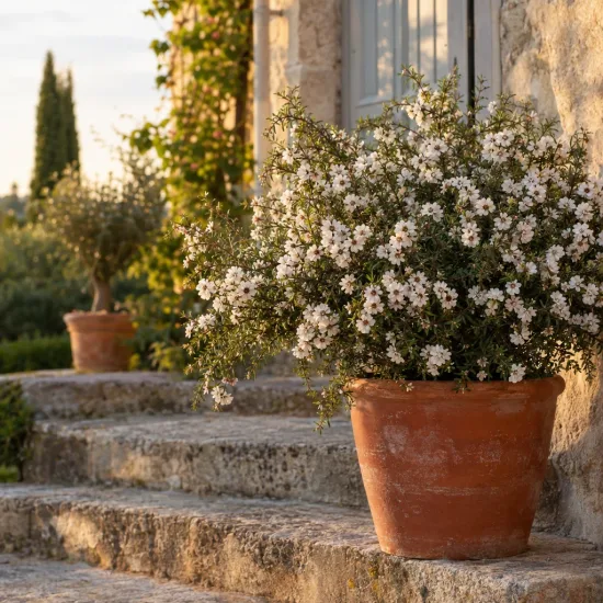 Arbre à thé 'Flurry' (Leptospermum) — arbuste fleuri en pot sur marche en pierre · Photo d'illustration