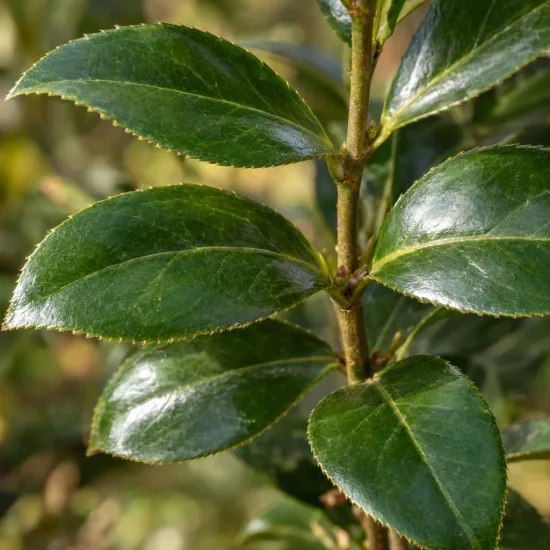 Camelia 'Janet waterhouse' (Camelia japonica) — gros plan de feuilles vertes brillantes · Photo d'illustration