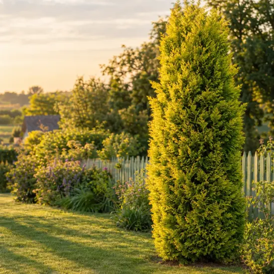 Cyprès de leyland 'Gold rider' (Cupressocyparis leylandii) — conifère élancé isolé dans un jardin ensoleillé