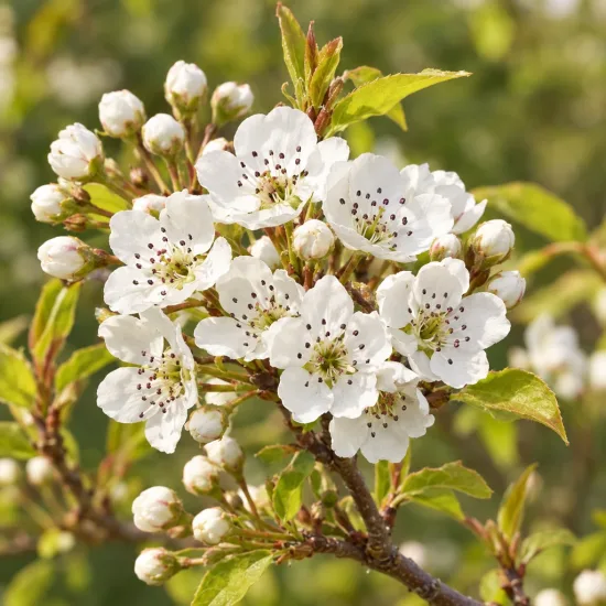 Poirier d'ornement de chine (Pyrus calleryana) — grappe de petites fleurs blanches avec bourgeons