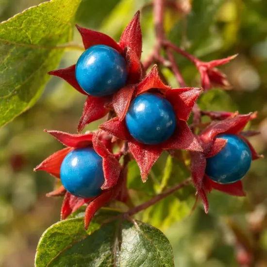 Clerodendron (Clerodendron trichotonum) — fruits ronds bleu vif entourés de bractées rouges · Photo d'illustration