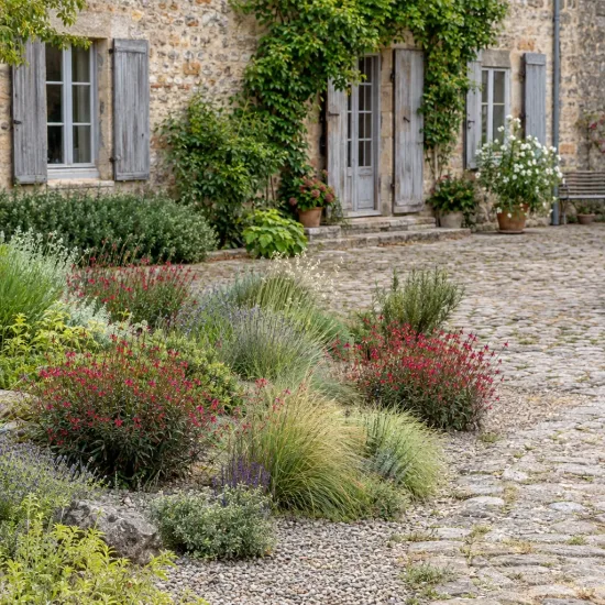 Gaura 'Gaudi red' (Gaura lindheimeri) — massif fleuri en bord de maison en pierre · Photo d'illustration