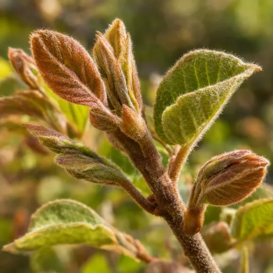 Kiwi 'Hayward' (Actinidia deliciosa) — jeunes feuilles duveteuses en gros plan · Photo d'illustration