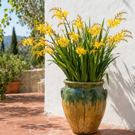 Montbrétia 'Davidson' (Crocosmia georges) — touffe de longues feuilles vertes et fleurs jaunes · Photo d'illustration