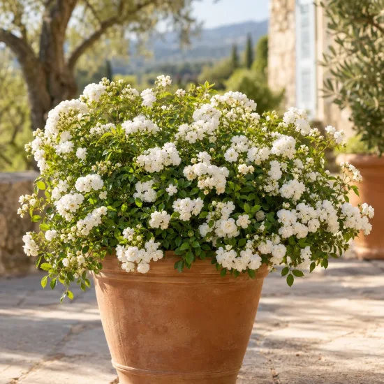 Rosier 'The fairy blanc' (Rosa) — arbuste fleuri blanc en pot sur terrasse · Photo d'illustration