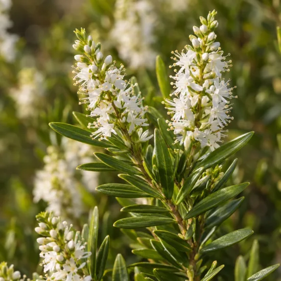Véronique arbustive 'Kirkii' (Hebe microphylla) — épis de petites fleurs blanches avec feuillage vert · Photo d'illustration