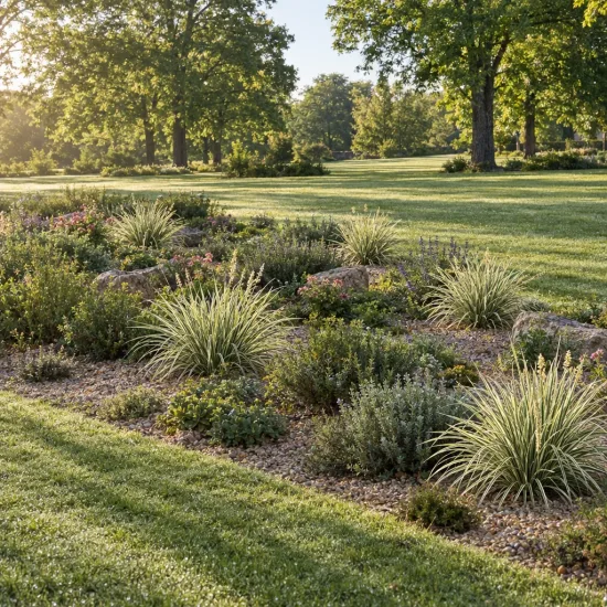 Lomandra 'White sand' — massif de graminées et arbustes sur gravier · Photo d'illustration