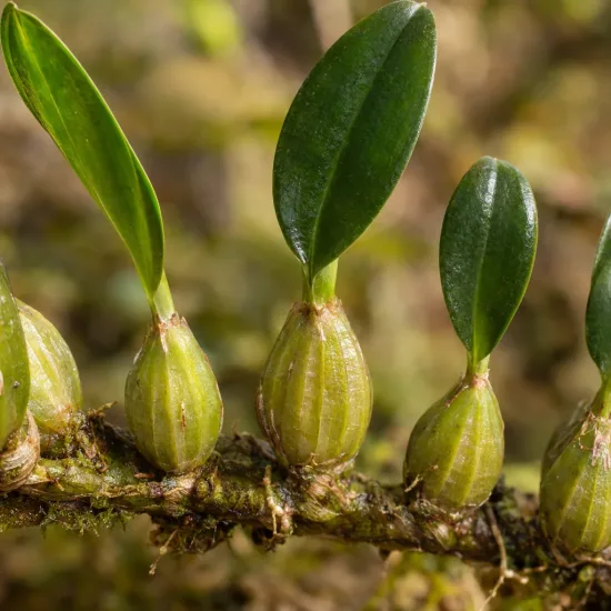 Orchidée (Bulbophyllum eberhardtii) — petits pseudobulbes verts alignés sur une tige