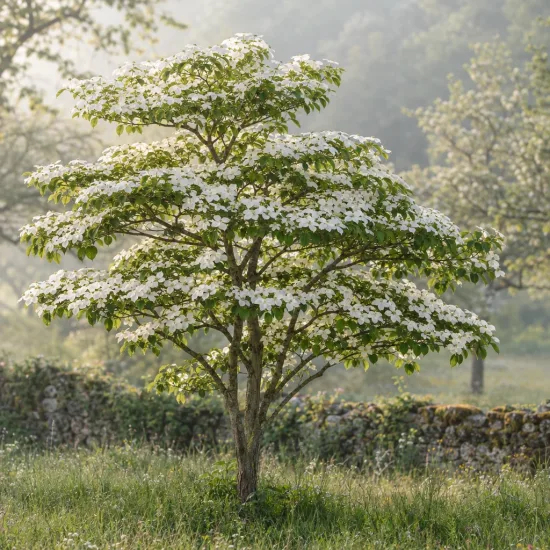 Cornouiller à fleurs américain 'Cherokee princess' (Cornus florida) — arbre en fleurs blanches isolé au jardin · Photo d'illustration
