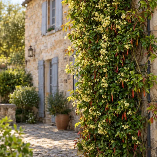 Faux-jasmin 'Et vanilla' (Trachelospermum chili) — liane fleurie couvrant un mur de maison en pierre · Photo d'illustration