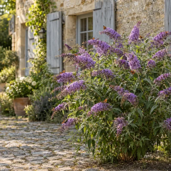 Arbre aux papillons à fleurs géantes 'Gulliver' (Buddleia × davidii) — grand arbuste fleuri aux épis mauves près maison
