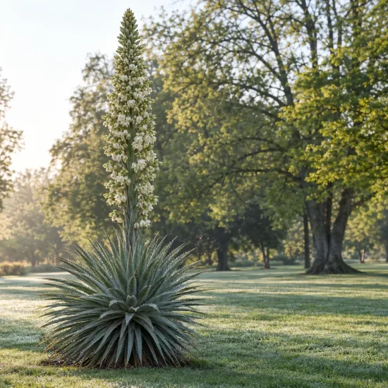 Broméliacée des andes (Puya raimondii) — grande hampe florale dressée dans un parc · Photo d'illustration