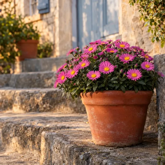 Aster 'Happy end' (Aster alpinus) — pot en terre cuite avec fleurs roses sur marches · Photo d'illustration