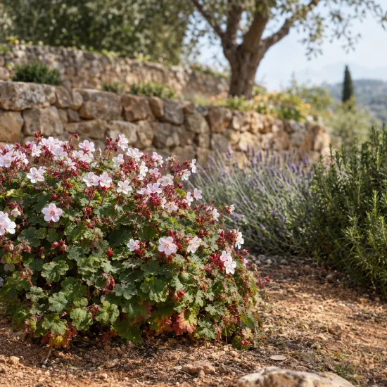 Pélargonium 'Spessart' (Geranium) — touffe fleurie dans un massif minéral au jardin · Photo d'illustration