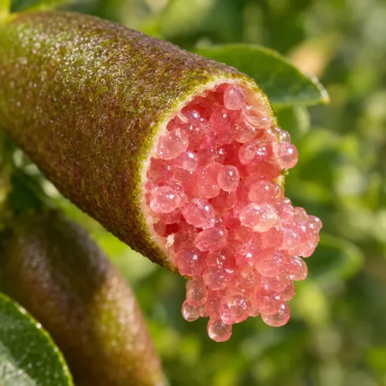 Citronnier caviar 'Pink crystal' (Citrus australasica) — gros plan de fruits ouverts aux billes rosées