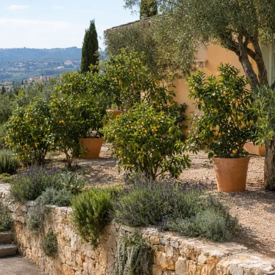 Goyavier de chine à fruits jaunes 'F. lucidum' (Psidium cattleyanum) — arbustes fruitiers en pot dans jardin méditerranéen · Photo d'illustration