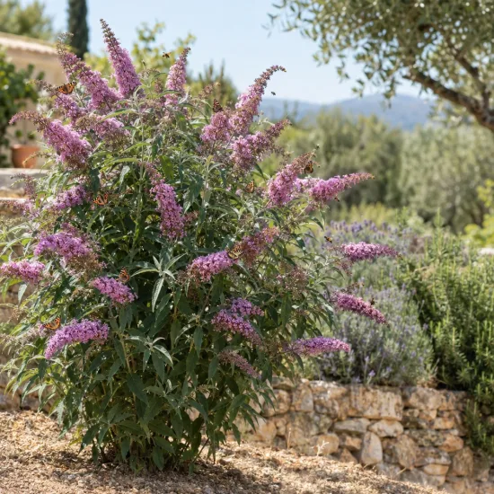 Arbre aux papillons 'Reve de papillon pink' (Buddleia davidii) — grand arbuste fleuri rose dans un jardin sec · Photo d'illustration