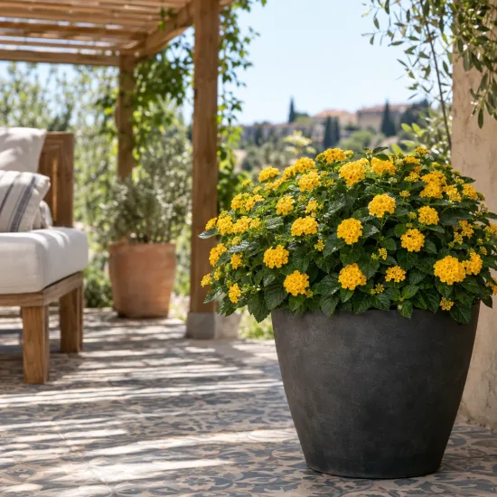 Lantanier 'Pot of gold' (Lantana) — massif de petites fleurs jaunes sur terrasse aménagée · Photo d'illustration