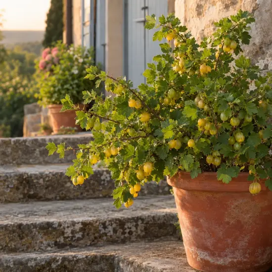 Groseillier à maquereau 'A maquereaux hinnomaki jaune' (Ribes uva) — arbuste en pot avec petits fruits jaunes
