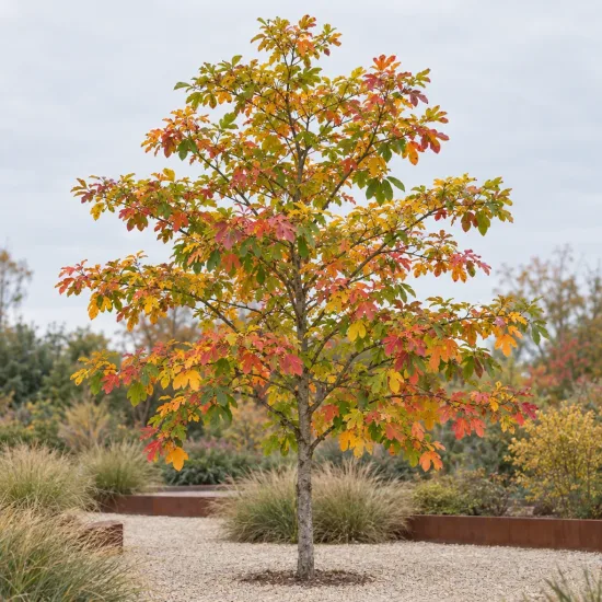 Laurier des iroquois (Sassafras albidum) — arbre isolé aux feuilles multicolores en automne · Photo d'illustration