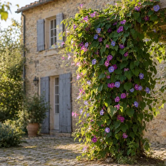 Ipomoea 'Edith piaf' (Ipomoea indica) — liane fleurie grimpant sur pergola devant maison · Photo d'illustration