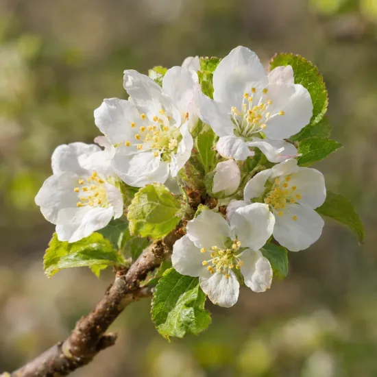 Pommier 'Museau de lievre' (Malus domestica) — gros plan de fleurs blanches sur rameau · Photo d'illustration