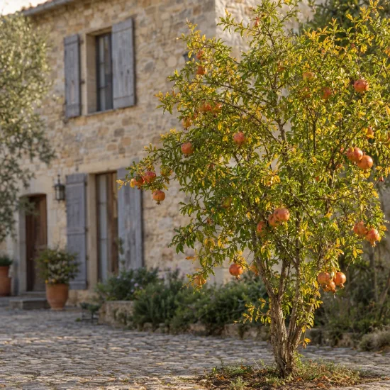 Grenadier sans pépins 'Meknes' (Punica granatum) — arbuste fruitier devant une maison en pierre · Photo d'illustration