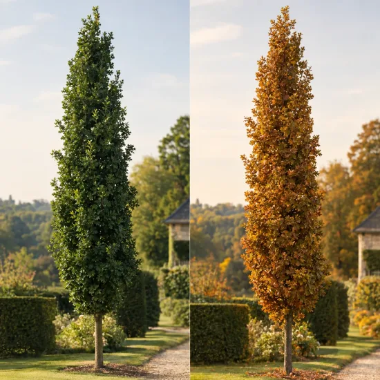 Chêne pédonculé 'Fast koster' (Quercus) — arbre fastigié vert et doré dans un jardin · Photo d'illustration