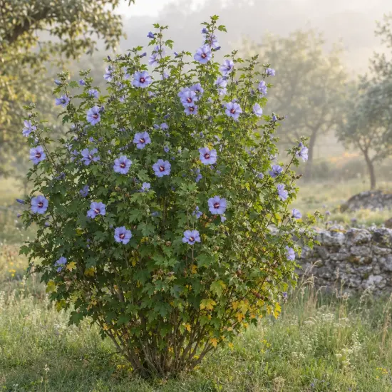 Althéa 'Sup blue' (Hibiscus syriacus) — grand arbuste fleuri isolé dans un pré