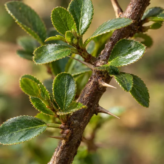Cognassier à fleurs 'Kinshiden' (Chaenomeles speciosa) — gros plan sur rameau épineux aux petites feuilles vertes · Photo d'illustration