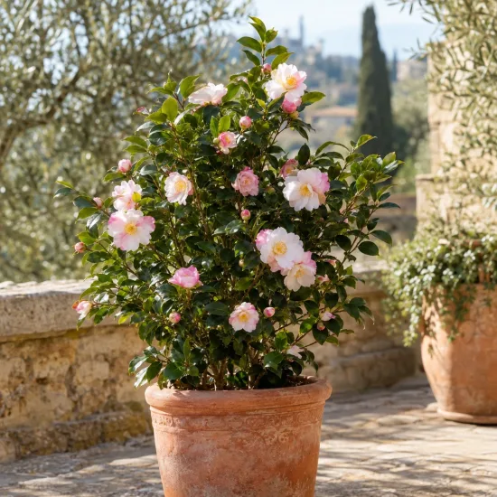 Camélia d'automne 'Rainbow blanc rose' (Camellia sasanqua) — arbuste fleuri en pot sur terrasse en pierre · Photo d'illustration