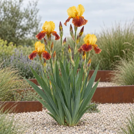 Iris d'allemagne 'Jaune et rouge cuivre' (Iris germanica) — grande touffe d’iris bicolores jaune et cuivre · Photo d'illustration