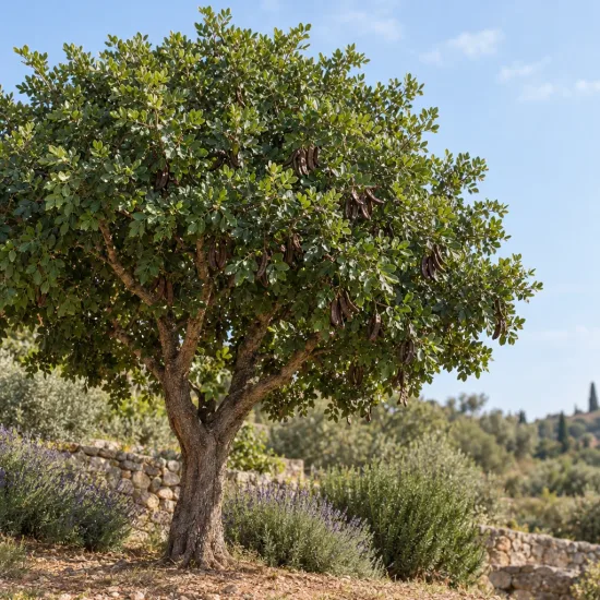 Caroubier (Ceratonia siliqua) — arbre chargé de longues gousses sombres en jardin