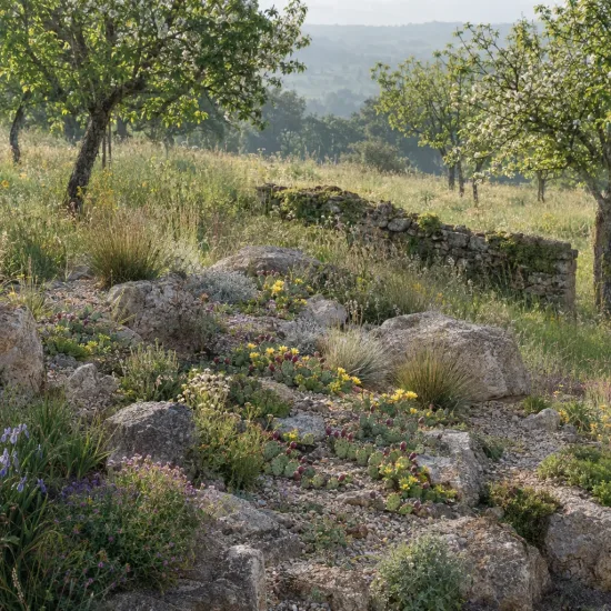 Oponce de l'est 'Point pelee' (Opuntia humifusa) — massif rocailleux fleuri dans une prairie arborée