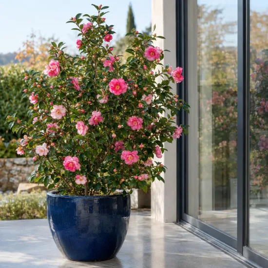 Camélia d'automne 'Paradise sandra rose vif' (Camellia sasanqua) — arbuste aux fleurs roses en grand pot bleu brillant · Photo d'illustration