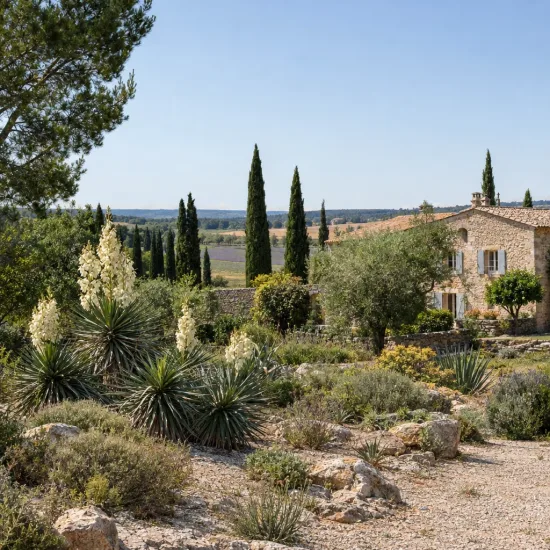 Yucca banane 'Ssp baccata' (Yucca baccata) — massif de plantes graphiques dans jardin méditerranéen · Photo d'illustration
