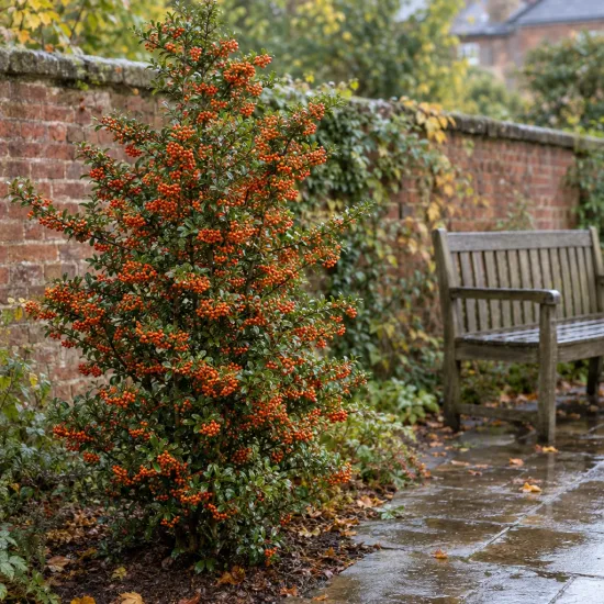 Buisson ardent orange 'Orange glow' (Pyracantha coccinea) — arbuste couvert de baies orange près d'un banc