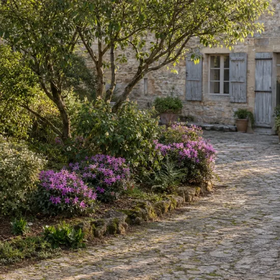 Azalée japonaise 'Steren purple' (Azalea japonica) — massif de petites fleurs mauves le long de l’allée · Photo d'illustration