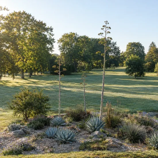 Agave du chihuahua 'Pale blue' (Agave lechuguilla) — massif de plantes succulentes dans un parc · Photo d'illustration