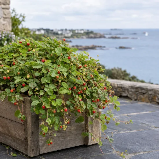 Fraisier des bois (Fragaria vesca) — plant touffue avec petits fruits rouges sur terrasse · Photo d'illustration