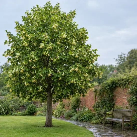 Tilleul d'amérique (Tilia americana) — arbre isolé dans un jardin près d’un banc