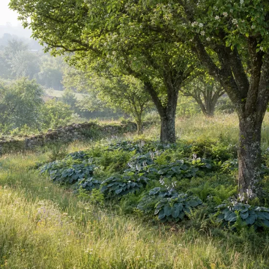 Hosta 'Elegans' (Hosta sieboldiana) — massif de vivaces sous de grands arbres au pré · Photo d'illustration
