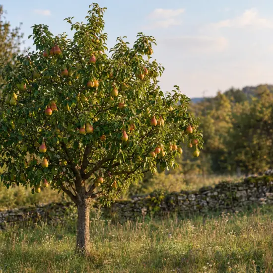 Poirier 'Duc de bordeaux' (Pyrus communis) — arbre fruitier isolé chargé de fruits
